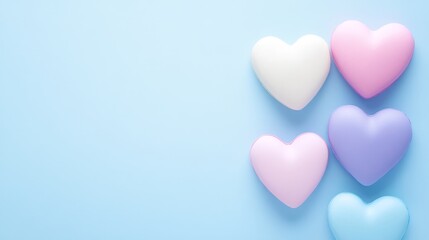 Pastel Hearts on Blue Background - Five pastel-colored hearts arranged on a light blue background. Perfect for Valentine's Day, love, or romance themes.
