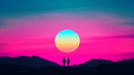 Sunset Romance Silhouette - Silhouetted couple holding hands, watching vibrant sunset with a large, colorful sun.  Love, togetherness, hope, dreams, serenity.