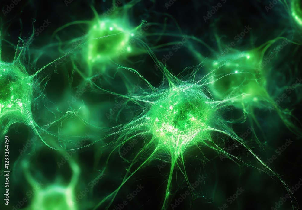 Poster luminous green neurons illuminating the dark background in an intricate cellular network depicting a