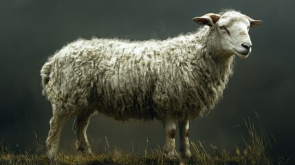 Obraz premium Fluffy sheep standing in pasture with thick coat and horns on overcast day