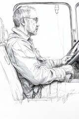 Detailed sketch of a bus driver seated and focused on the road