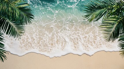 Serene Beach View with Gentle Waves and Lush Green Palm Leaves