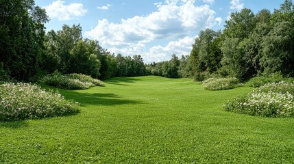 Sunny day, green field, lush forest background, nature scene, landscape photography