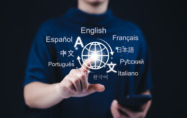 Multilingual language translation technology concept. A person with icons various languages, global...