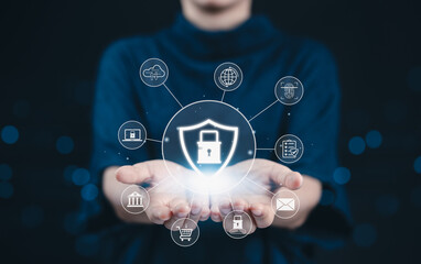 Cybersecurity shield digital protection concept. Cyber security representing digital security, with icons for cloud protection, fingerprint authentication, bank, email, and other secure processes.