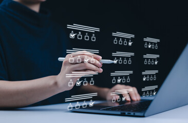 Online test exam and survey form. A person filling out an online exam or survey form, showcasing a...