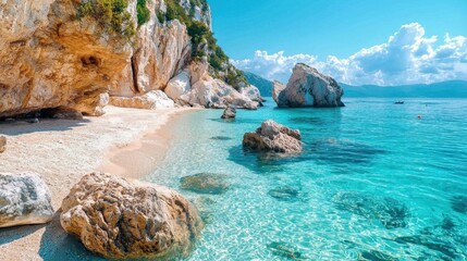 Obraz premium Tranquil Beach Scene with Clear Water and Rocky Formations