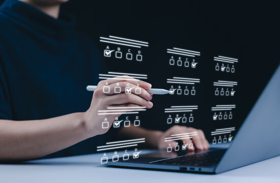 Online test exam and survey form. A person filling out an online exam or survey form, showcasing a hand using a digital pen to select answers on virtual checklist. checkbox, knowledge quiz questions,