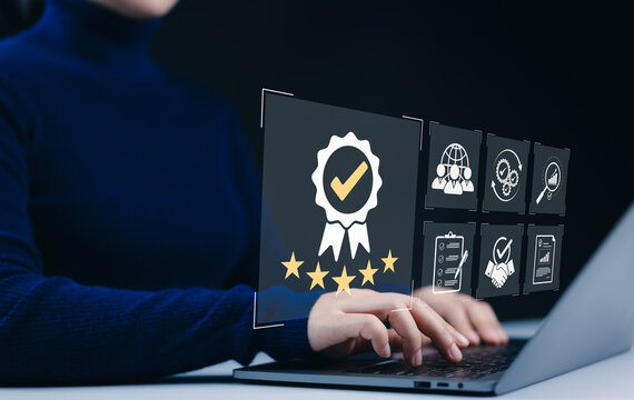 Standard Quality Control Certification Concept. quality control and assurance, featuring icons for certification, global standards, performance metrics, and compliance, ISO certification industrial, - Powered by Adobe