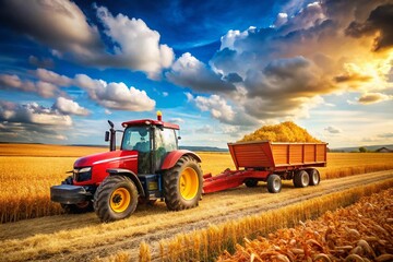 Obraz premium Tractor with Loader Wagon Harvesting Corn in Field