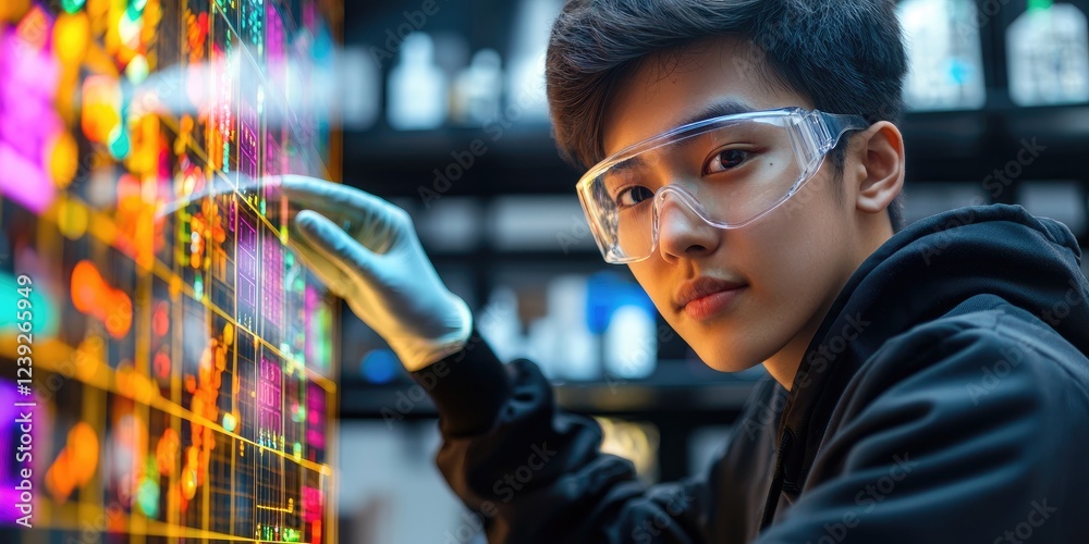 Poster focused chemist with goggles experimenting next to a colorful periodic table