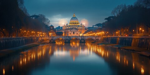 Fototapeta premium Majestic Evening View of St. Peter's Basilica Reflected in Calm Waters with Illuminated Bridge and City Lights in Rome, Italy