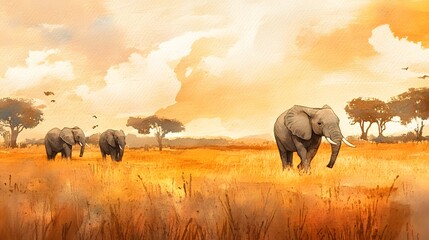 African Elephants Tranquilly Roaming Golden Savannah Sunset