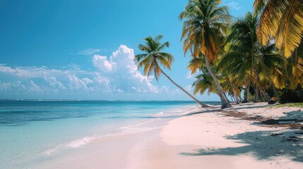 Fototapeta premium Tranquil Shoreline with Palm Trees and Clear Blue Water