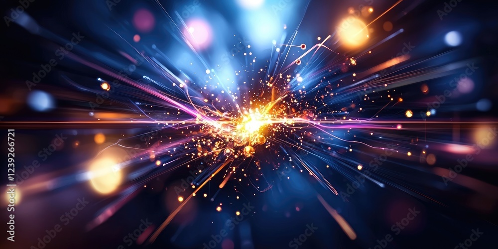 Poster Dynamic particle collision visualization, glowing particles in motion against a dark neutral background
