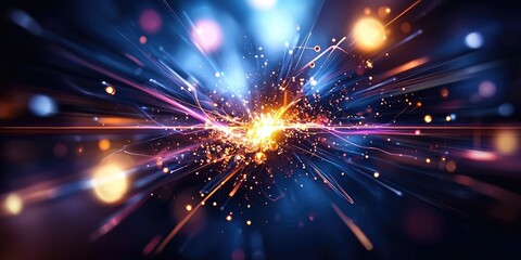 Fototapeta premium Dynamic particle collision visualization, glowing particles in motion against a dark neutral background