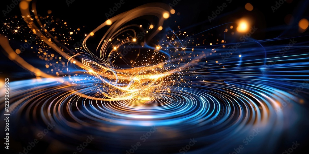 Poster Dynamic particle collision visualization, glowing particles in motion against a dark neutral background