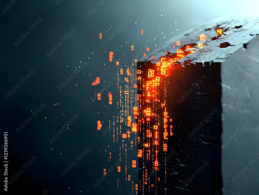 Poster captivating cascading digital constructs glowing algorithmic forms emerging from shadowy obfuscation