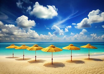 Fototapeta premium Tranquil Beach Paradise with Sunny Umbrellas and Azure Skies
