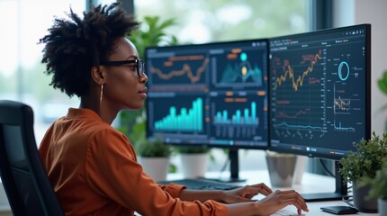  a woman seated at a modern workstation, intently focused on multiple computer screens displaying complex data visualizations and analytics. 
