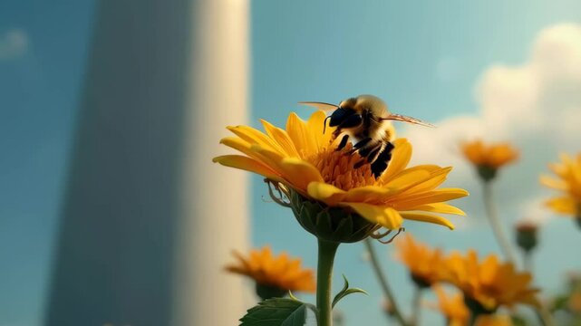 Single flower honey bee. Honeybee yellow flower. Happy earth day concept