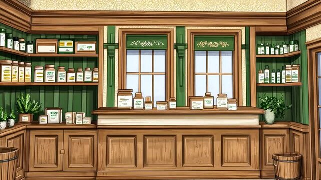 Elegant interior of a herbal shop with wooden shelves and plants