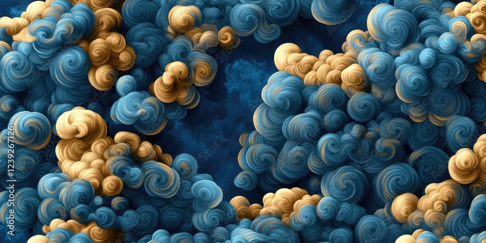 Poster vibrant abstract cloud formation with spirals in blue and gold tones against a dark background for a