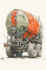 Naklejka premium Detailed illustration of an orange and green cement truck on a white background