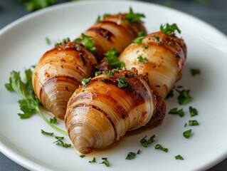 Grilled mollusks with herbs on a white plate