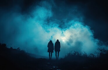 Mysterious Silhouettes of Two People Walking Through Foggy Pathway in Darkened Night Scene with Blue Smoky Atmosphere