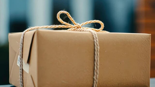 Brown gift box tied with twine on wooden surface in natural light