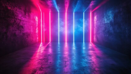 Neon-lit Empty Room with Colorful Vertical Strips of Light and Atmospheric Fog Creating a Futuristic Vibe for Creative Projects and Backgrounds