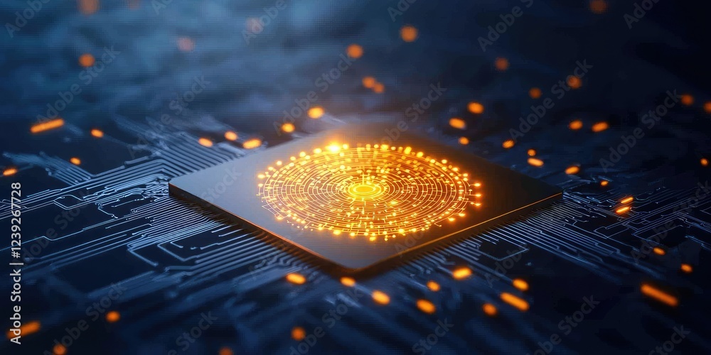 Poster Quantum computing circuit board glowing with intricate connections, showcasing advanced computational power in a minimalistic setting