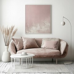 Cozy Living Room with Soft Pink Decor and Minimalist Design Elements