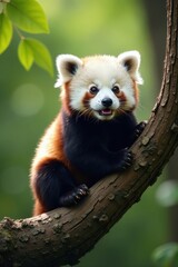 Obraz premium Adorable panda cub perched on tree branch, front view, adorable, forest