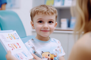 A young child attentively working with a speech therapist during a pronunciation lesson