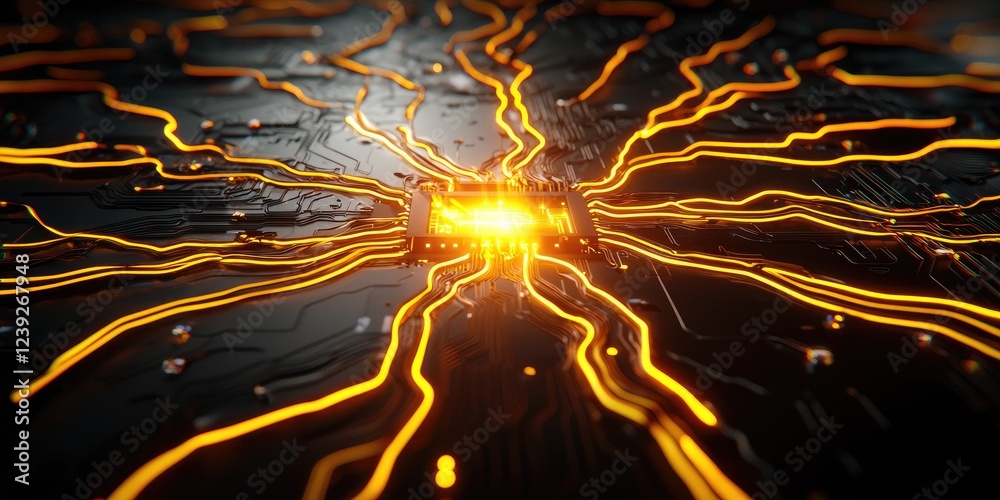 Fototapete Quantum computing circuit board glowing with intricate connections, showcasing advanced computational power in a minimalistic setting