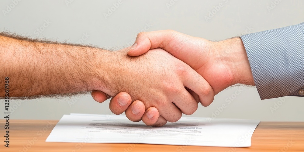 Aufkleber hands joining in a teamwork gesture over a document, neutral background, image style with copyspace for text