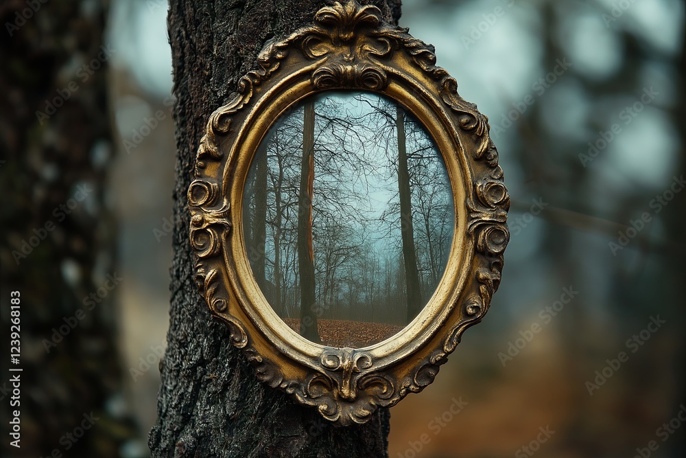 Poster an enchanted mirror reflecting a world of magic while the real world remains normal