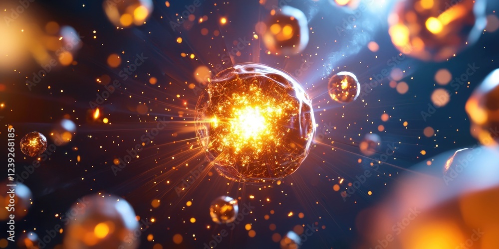 Poster artistic depiction of subatomic particle interactions, bright glowing orbs colliding in space, neutr