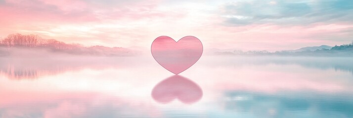 Fototapeta premium Serene Heart Reflection - A pink heart floats serenely on a calm lake at dawn, its reflection mirroring the peaceful scene. Soft pastel colors and gentle mist create a tranquil atmosphere.