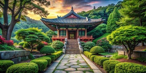 Fototapeta premium Serene Temple Garden: A picturesque traditional Korean temple nestled amidst verdant greenery, bathed in the soft glow of a setting sun. Stone steps lead up to the entrance.