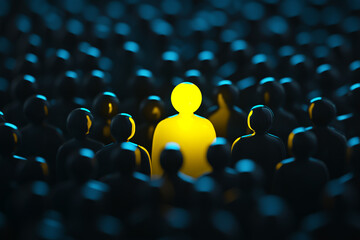 Fototapeta premium One yellow glowing neon person figure stands out of crowd of other people. Being different, and uniqueness business concept background.