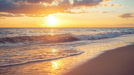 Tranquil Sunset Over Ocean Waves on Serene Beach Shoreline