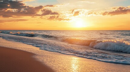 Obraz premium Serene Sunset Over Gentle Waves on Tranquil Beach Shoreline