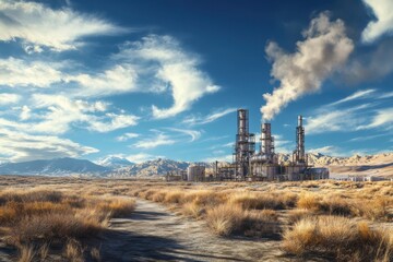 Geothermal Energy Plant in Desert Landscape Under Blue Skies