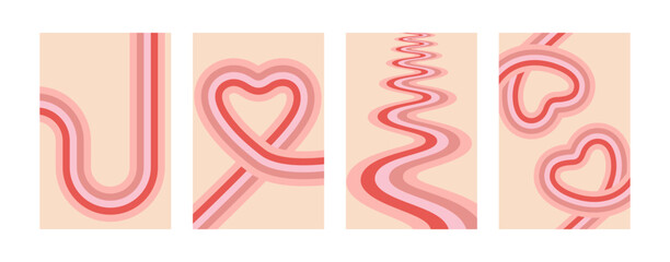 Retro Valentine posters 70s style. Vintage geometric backgrounds with pink lines.