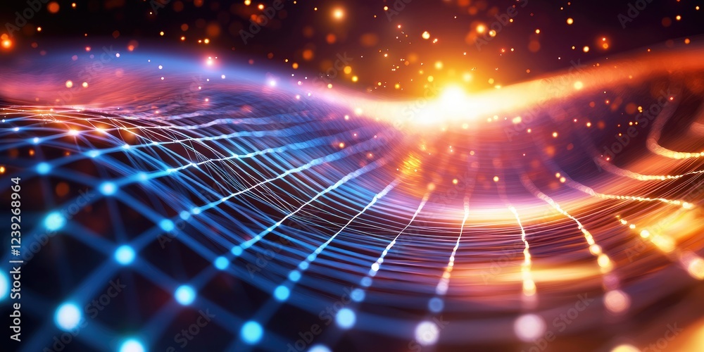 Aufkleber Visual simulation of quantum physics, intersecting particle paths with luminous effects, plain background