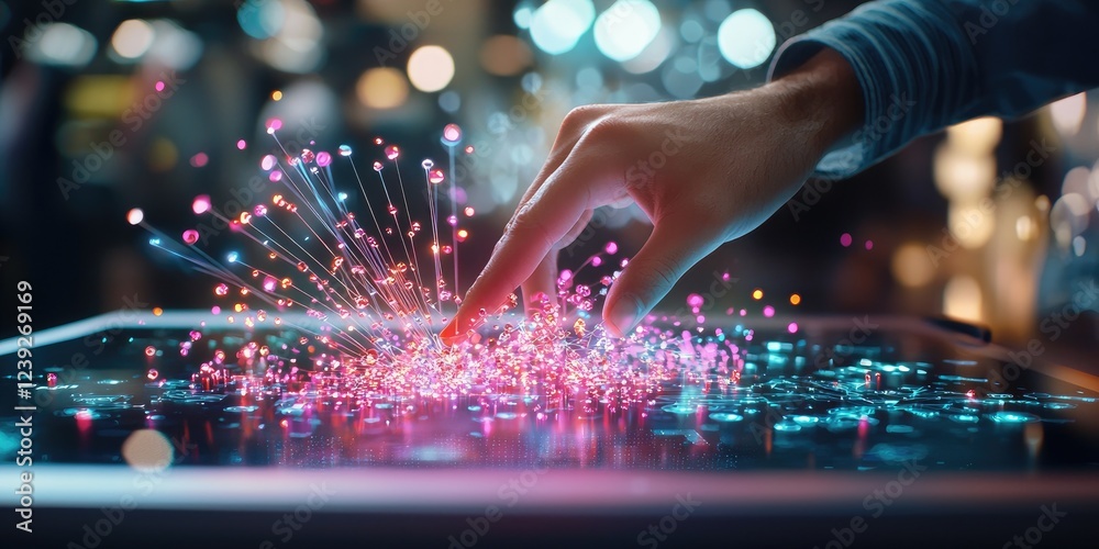 Poster Person analyzing quantum computing algorithms on a laptop with holographic elements, illustrating the concept of computational power and technology integration