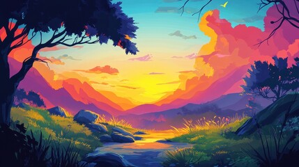 Vibrant Sunset Over Serene Mountain Valley Stream